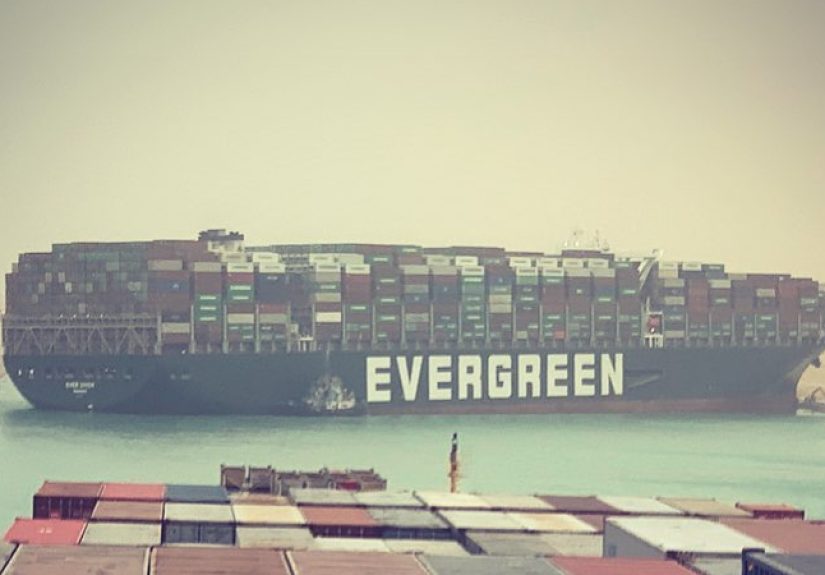 Traffic Jam In The Suez Canal; Container Ship Run Aground
